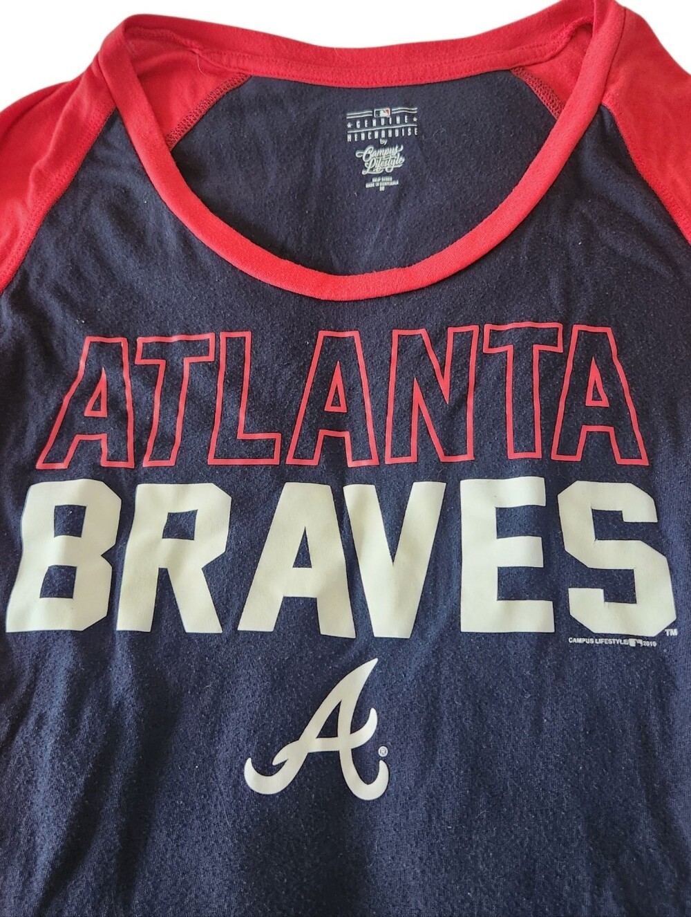 Atlanta Braves Womens 3/4 Sleeve Baseball Raglan Shirt Blue & Red Size M